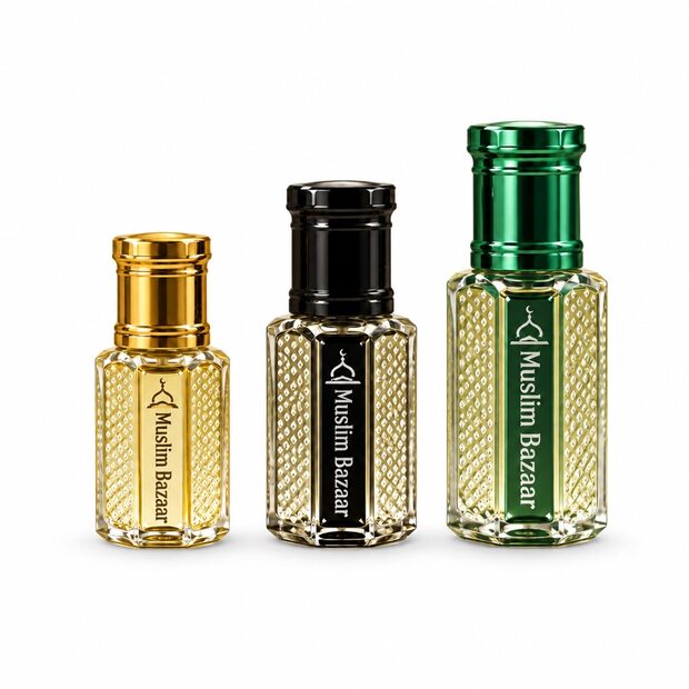 Muslim Bazaar Attar perfume oil and oud bottles in 3 ml, 6 ml and 12 ml sizes