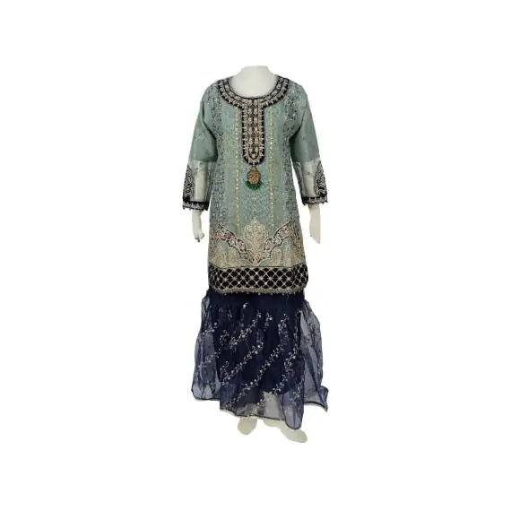 PAKISTANI BLUE ORGANZA SHARARA:GHAGRA CHOLI